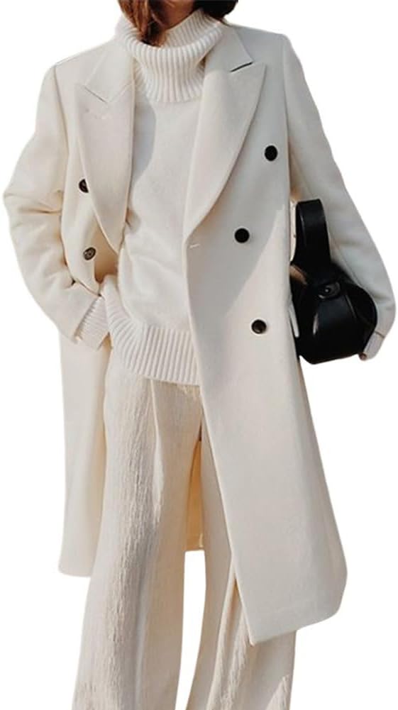 Women's Double Breasted Wool Coat Notched Lapel Collar Winter Pea Coat Overcoat Long Jackets