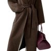 Women's Winter Open Front Belted Wool Coat Casual Loose Hooded Midi Long Winter Pea Coat
