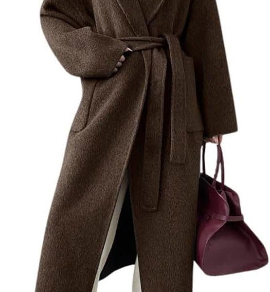 Women's Winter Open Front Belted Wool Coat Casual Loose Hooded Midi Long Winter Pea Coat