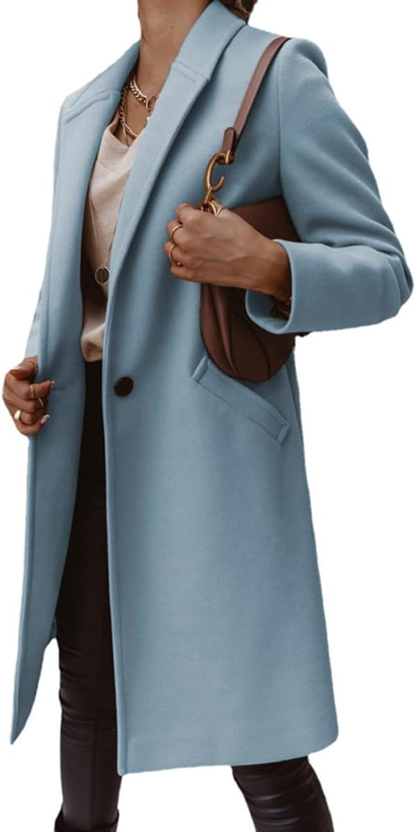 Women's Winter Wool Coat Shawl Collar Business Casual One Button Midi Long Pea Coat