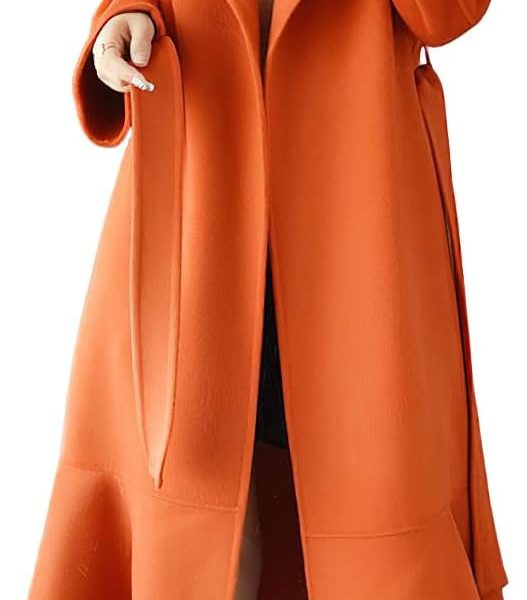 Women's Winter Wool Trench Coat Flare Fishtail Hem Loose Fit Warm Mid Long Overcoat with Belt