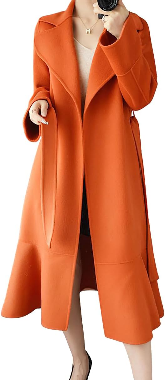 Women's Winter Wool Trench Coat Flare Fishtail Hem Loose Fit Warm Mid Long Overcoat with Belt