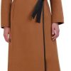 Women's Double-Faced Luxury Soft Wool Blend Long Line Wrap Coat, Pu Binding Trim, Removable Belt
