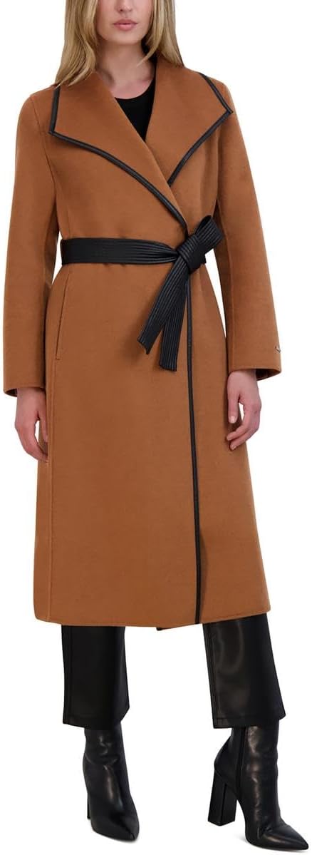 Women's Double-Faced Luxury Soft Wool Blend Long Line Wrap Coat, Pu Binding Trim, Removable Belt