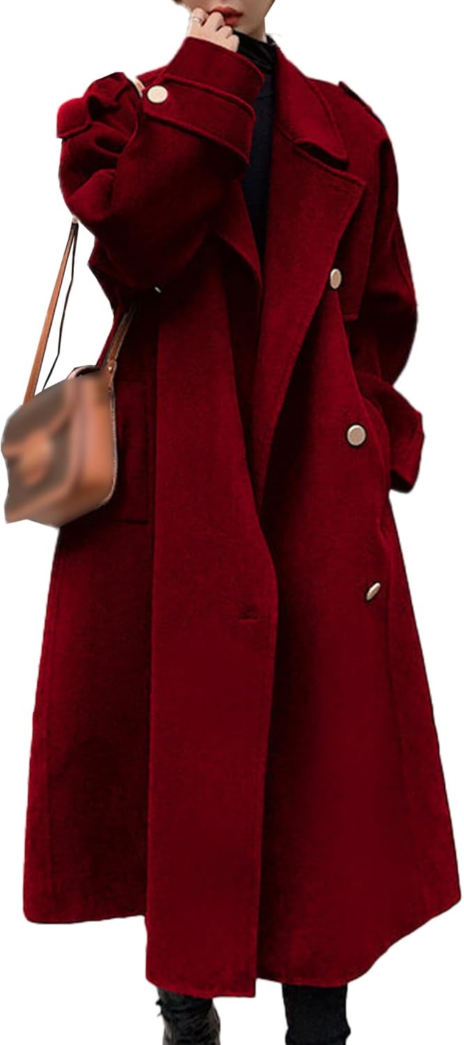 Women's Winter Double Breasted Long Pea Coat Notch Lapel Long Sleeve Wool Blend Trench Coat Overcoat