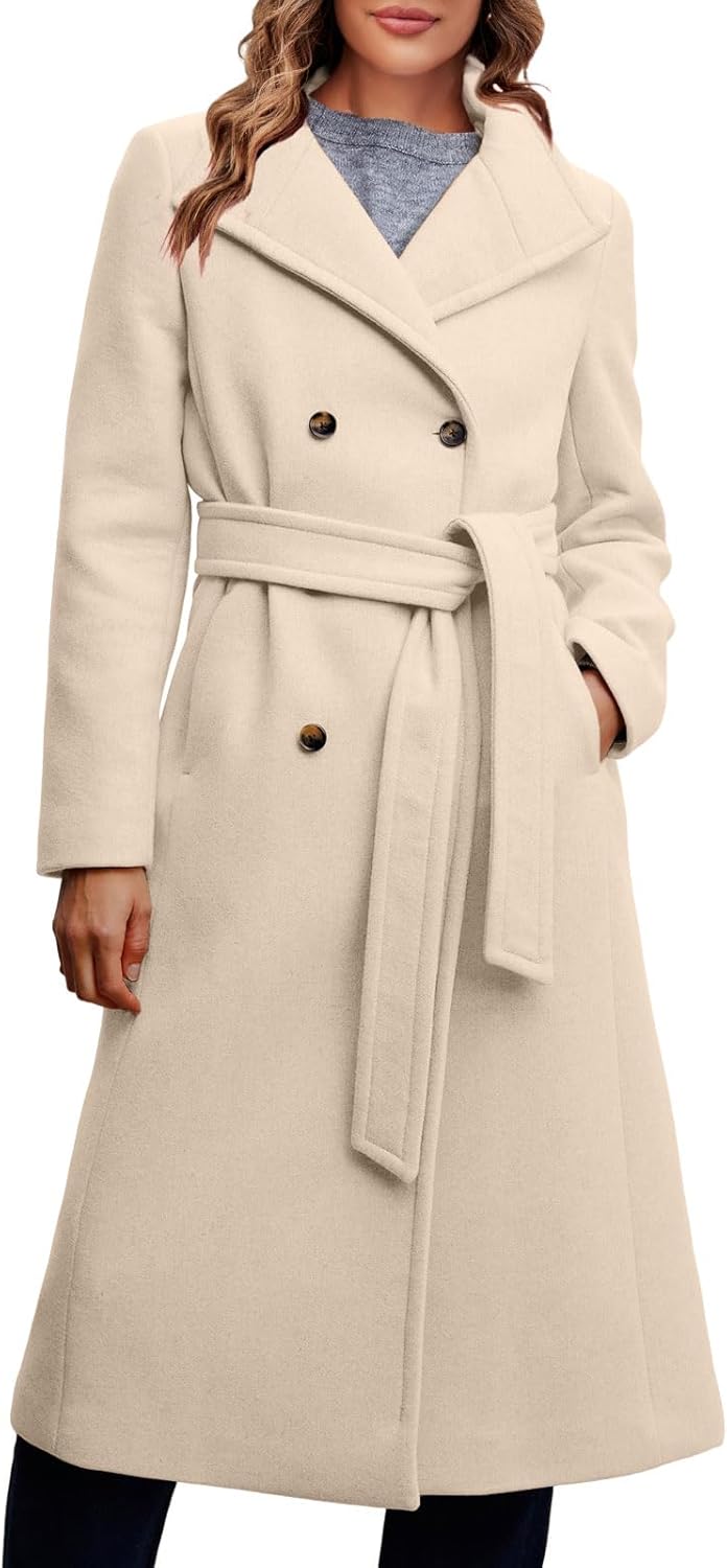 Women Double Breasted Coats Long Winter Work Office Overcoat Pocketed Outwear with Belt