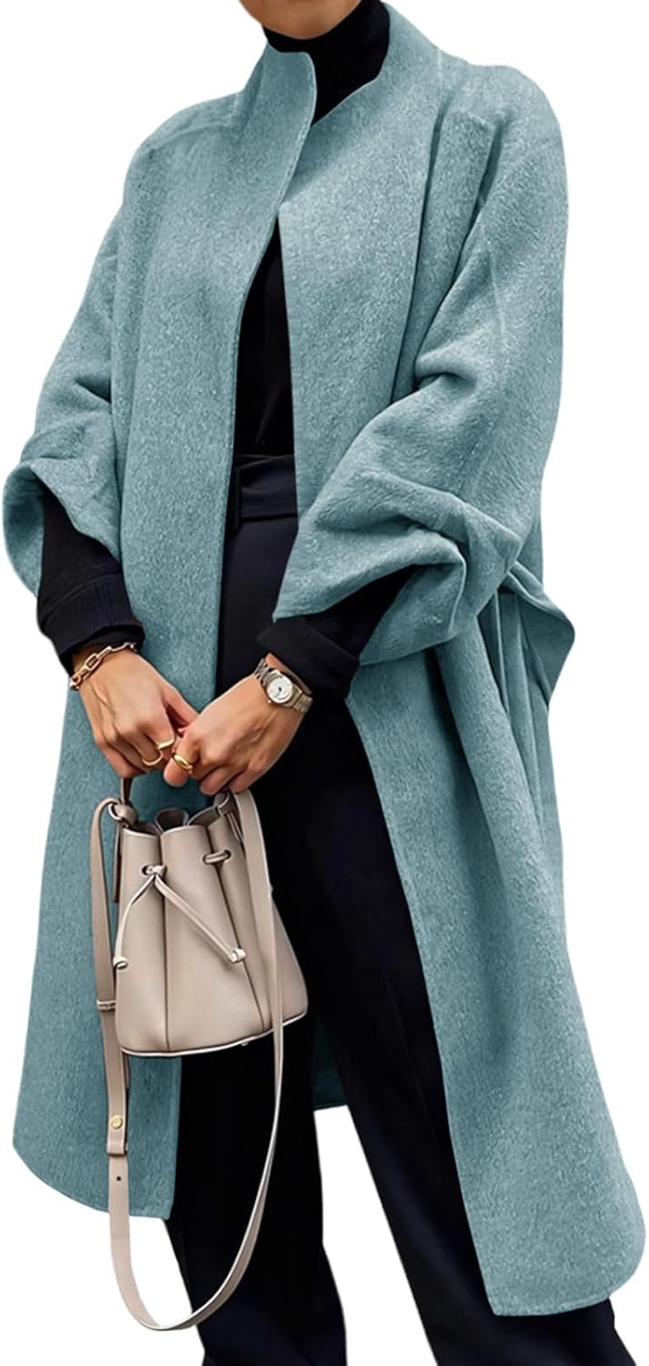 Womens Long Pea Coats Oversized Wrap Wool Blend Trench Coats Winter Open Front Cardigan Overcoats