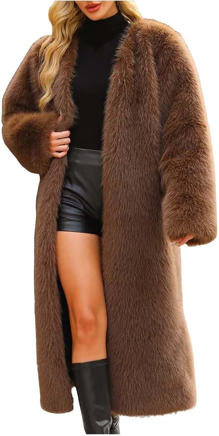 Long Faux Fur Coats for Women Open Front Cardigan Fuzzy Fleece Jacket Warm Winter Coats Fashion Outfits 2024
