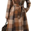 Women's Elegant Wool Plaid Notch Lapel Double Breasted Maxi Woolen Overcoat Belted Peacoat with Pockets