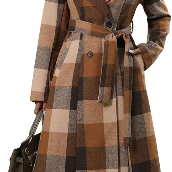 Women's Elegant Wool Plaid Notch Lapel Double Breasted Maxi Woolen Overcoat Belted Peacoat with Pockets