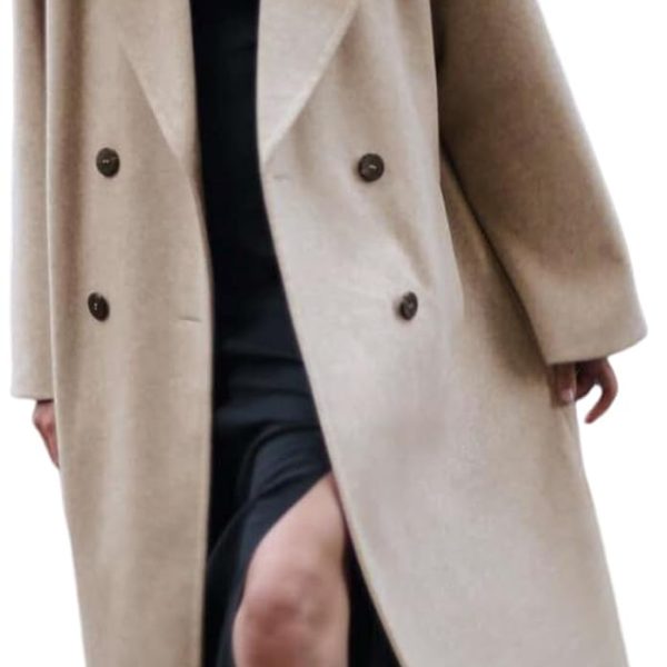 Women's Notched Collar Wool Blend Pea Coat Winter Double Breasted Trench Coat Long Oversized Button Down Overcoats