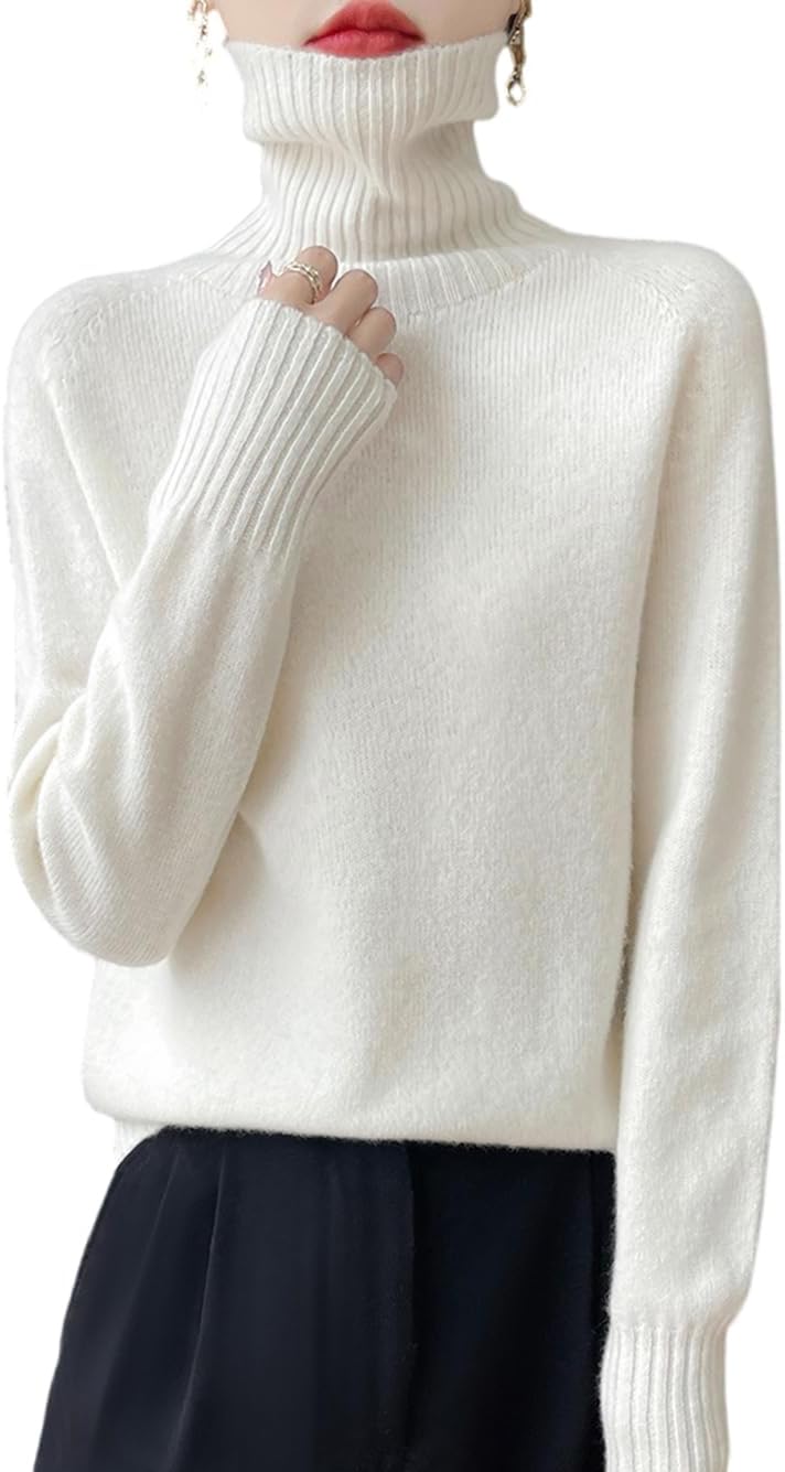 100% Merino Wool Sweaters for Women's Fall Winter Knitted Thick Pullover Long Sleeves Warm Turtleneck Simple(WQ708)