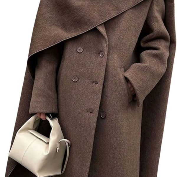 Womens Maxi Wool Coats Long Shawl Scarf Button Down Woolen Blend Trench Coat with Pockets