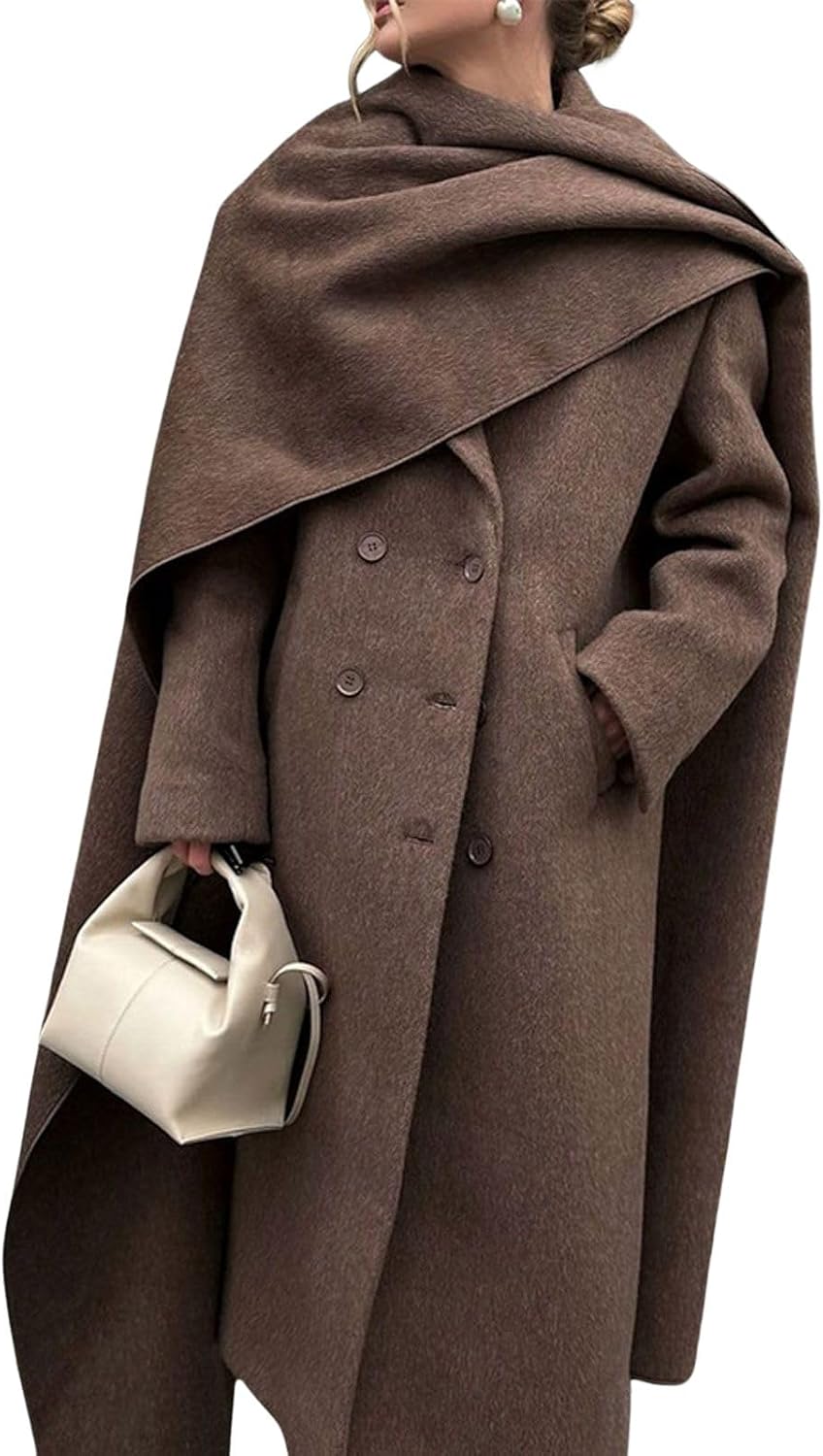 Womens Maxi Wool Coats Long Shawl Scarf Button Down Woolen Blend Trench Coat with Pockets