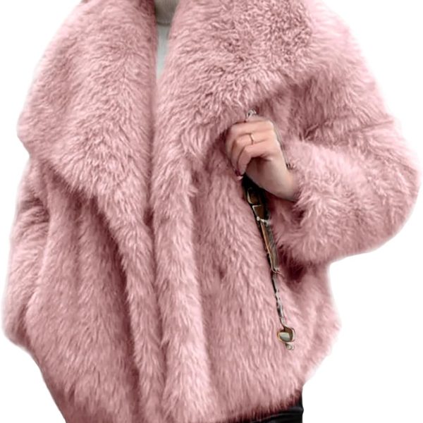 Women's Cropped Faux Fur Jacket Lapel Open Front Shaggy Furry Coat 2024 Winter Warm Fluffy Overcoat