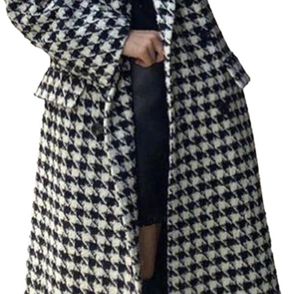 Women's Winter Houndstooth Double Breasted Trench Coat Notch Lapel Wool Blend Warm Quilted Lined Long Overcoat