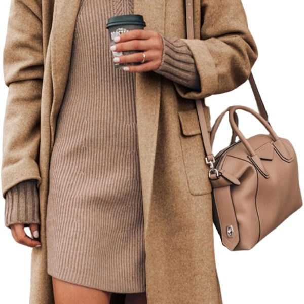 Women's Long Cardigan Wool Coat Open Front Pockets Warm Lapel Jacket Coat Fall Outerwear