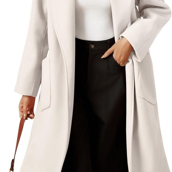 Womens Open Front Pea Coats Classic Lapel Long Trench Coats Loose Fall Winter Outwear with Pockets