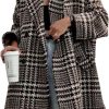 Women Winter Houndstooth Wool Blend Coat Notch Lapel Loose Warm Mid Long Double Breasted Peacoat