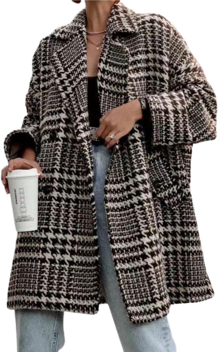 Women Winter Houndstooth Wool Blend Coat Notch Lapel Loose Warm Mid Long Double Breasted Peacoat
