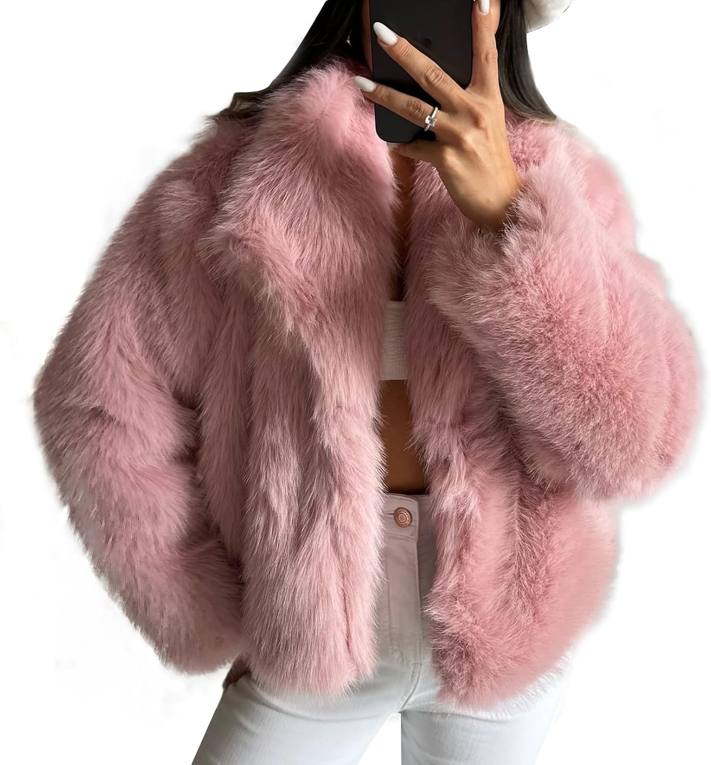 Women's Faux Fur Coat Fluffy Faux Fur Jacket Long Sleeve Lapel Furry Winter Jackets Shaggy Parka Short Coat