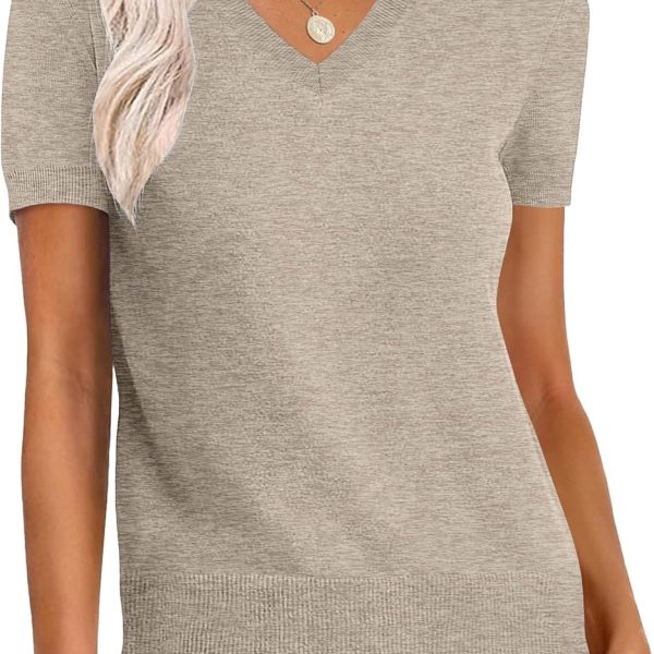 Women Wool Blend Sweater Summer 2026 Short Sleeve V Neck Pullover Top Business Casual Outfit Beach Vacation Clothes