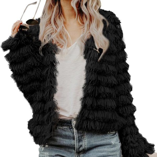 Womens Open Front Faux Fur Cardigan Vintage Parka Shaggy Jacket Coat